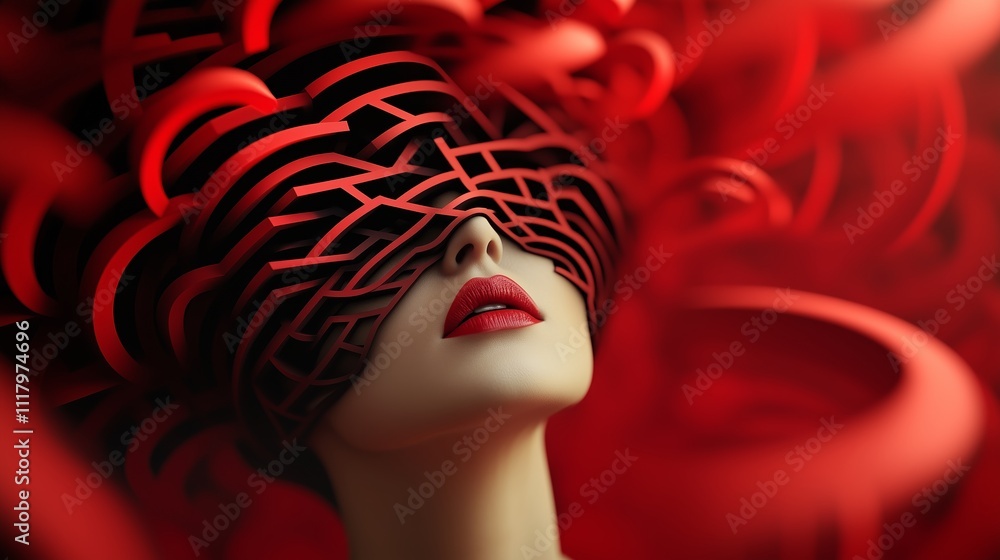 Poster unique artistic representation of a woman's face adorned with red abstract lines and intricate textu