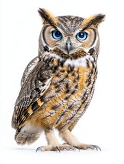 Obraz premium Great Horned Owl Standing Proudly Against a Clean White Background