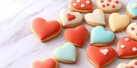 Fototapeta premium Heart-Shaped Cookies Decorated with Colorful Icing on a Marble Surface Celebrating a Special Day
