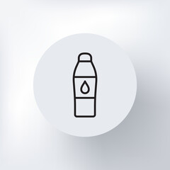 Linear icon of shampoo, bottle with a cap, a drop on the label, in a circle on a light gray background.