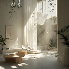 A serene indoor space with natural light, plants, and minimalist furniture.