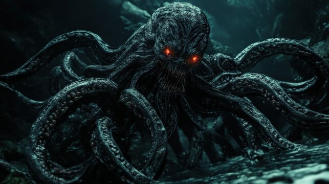 A terrifying monster with writhing tentacles extending from its huge body. Its glowing red eyes, background wallpaper AI generated image