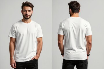 Front and back views of a man wearing a plain white t-shirt and black pants, ideal for showcasing clothing designs or mockups.