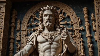 Obraz premium Statue of Serapis, the god of rebirth, holding the keys to the underworld and the tree of life in both hands, with a backdrop of the underworld and symbols of regeneration, with carvings depicting him