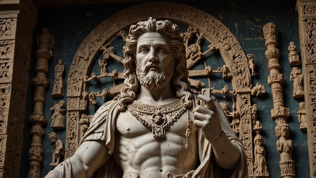 Statue of Serapis, the god of rebirth, holding the keys to the underworld and the tree of life in both hands, with a backdrop of the underworld and symbols of regeneration, with carvings depicting him