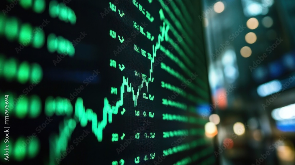 Poster close-up of a stock ticker displaying a fluctuating green graph against a blurred city backdrop at n