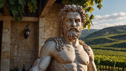 Statue of Dionysus, the god of wine and revelry, holding a wine cup and grapevine in both hands, with a backdrop of bountiful vineyards and festive scenes, with carvings depicting him as a symbol of w