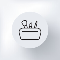 Linear cosmetic bag icon in a circle on a light gray background.