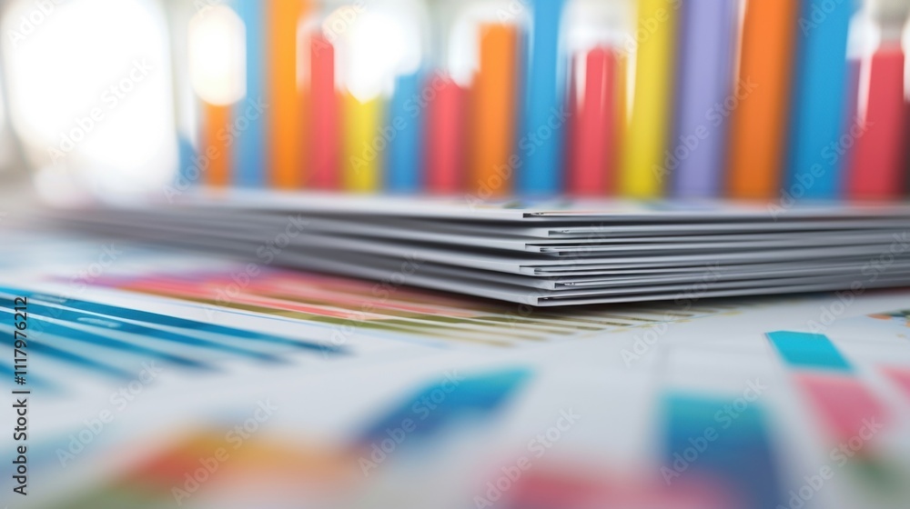 Poster stack of documents lying on a desk with colorful charts showing growth in business and innovation, r