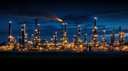 Vast oil refinery at night, illuminated by bright industrial lights. The tall chimney emits clouds of smoke, background wallpaper AI generated image