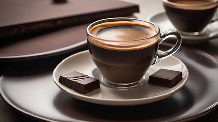 Delicious espresso coffee served with chocolate squares, elegant presentation on saucer, cozy atmosphere, chocolate day, copy space