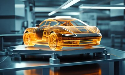 3D holographic model of a car in a workshop setting. - Powered by Adobe