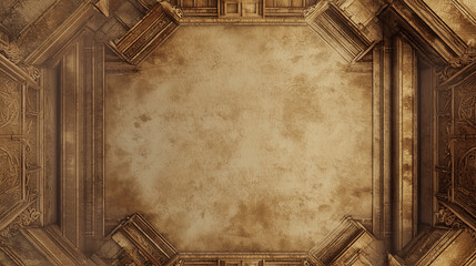 Antique textured ceiling with intricate architectural details, symmetrical design, and warm vintage tones