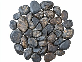 Smooth, dark stones clustered, isolated background.