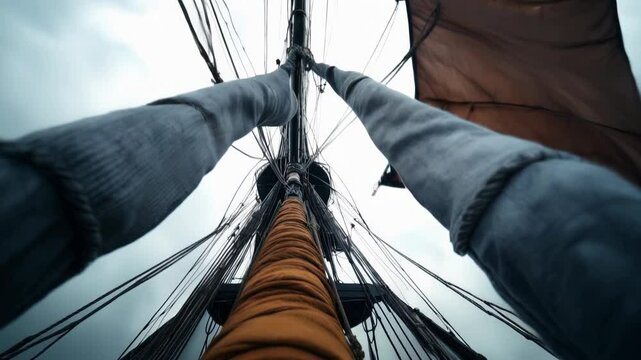 View looking up at the rigging and mast of a tall sailing ship with sails furled against a dramatic, cloudy sky.
