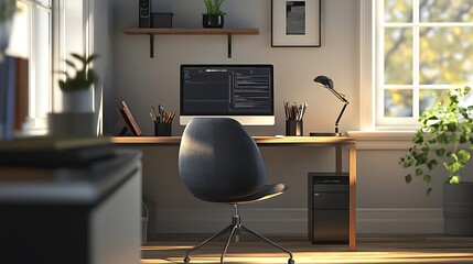 A modern workspace featuring a desk, computer, and plants for productivity and comfort.