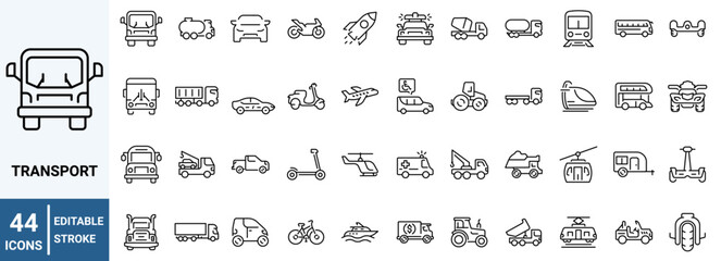 Transport web line icons. Containing car, bike, plane, train, bicycle, motorbike, bus and scooter. Editable stroke. Vector illustration