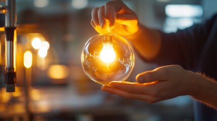 Fototapeta premium Hands hold a glowing light bulb inside a glass globe in a modern workspace during daylight hours