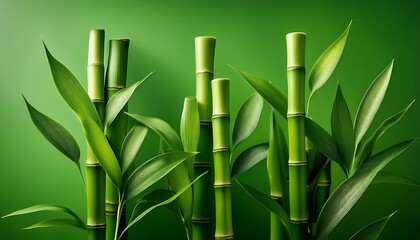 Fototapeta premium Several stalks of vibrant green bamboo against a solid green background.