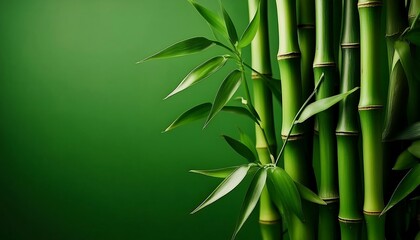 Obraz premium Several stalks of vibrant green bamboo against a solid green background.