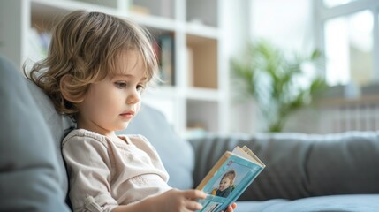 A young child engrossed in reading a book sitting comfortably On a gray couch in a well-lit room with a bookshelf in the background.