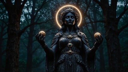 Obraz premium Statue of Hecate, the goddess of dark magic, holding the moon and magical runes in both hands, with a backdrop of pitch-black forests and mystical magical light, with carvings depicting her mysterious