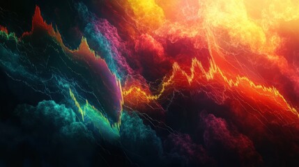 Obraz premium Here's a description and keywords for your image.. Abstract vibrant data visualization, resembling a fiery, dynamic stock market chart.