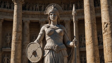 Obraz premium Statue of Athena, the goddess of wisdom, holding a shield and spear in both hands, with a backdrop of ancient academia and battlefields, with carvings depicting her dual role in wisdom and war.