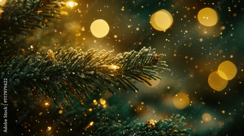 Poster a close-up of a christmas tree branch with lights and bokeh effects in a festive atmosphere.