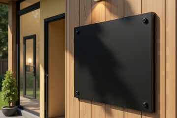 Fototapeta premium Blank black sign on wooden wall in modern outdoor setting with warm lighting