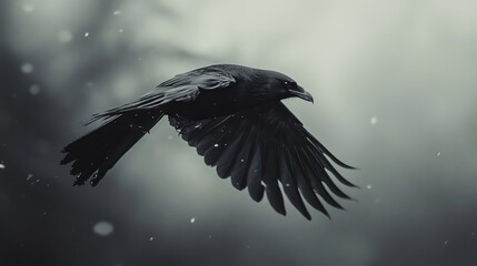 A black bird with its wings spread out is flying in the sky