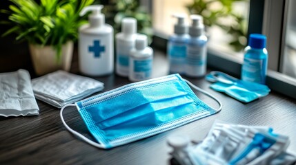 A blue surgical mask sits on a table next to a bottle of hand sanitizer