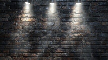 A brick wall with three lights shining on it