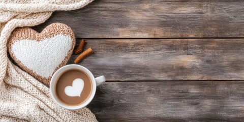 Cozy winter scene featuring a cup of coffee with heart shape, knitted heart decoration, and warm textures on rustic wooden background