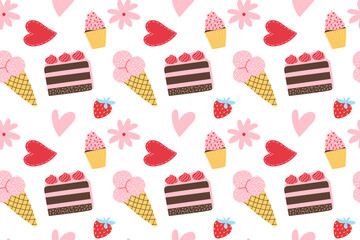  Valentine’s Day Seamless Pattern, cake, hearts, strawberries, ice cream, cupcake. Vector illustration, flat style, background