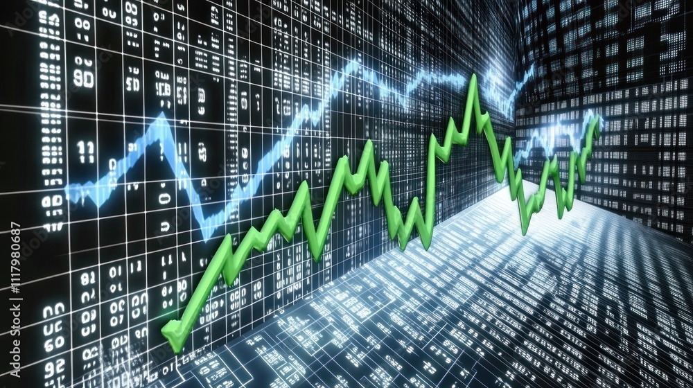 Aufkleber here's a and keyword list for your stock photo.. green and blue stock market graphs rising and falli