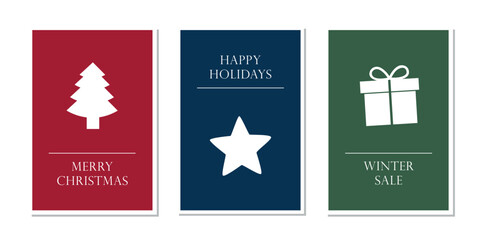 set of christmas greeting cards with tree star and gift vector illustration