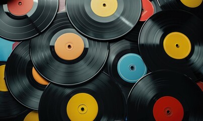 A vibrant array of colorful vinyl records scattered, showcasing an artistic and playful arrangement that captures the spirit of retro music culture and timeless design.