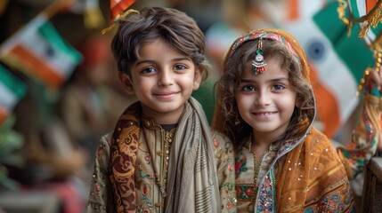Naklejka premium Portrait of Children Dressed in Traditional Pakistani Clothing
