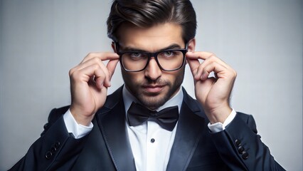 Stylish man in formal attire adjusting his glasses with confidence in a sophisticated indoor setting
