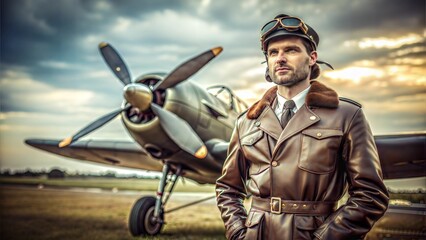 Fototapeta premium Vintage pilot stands confidently beside a classic airplane during a dramatic cloudy sunset