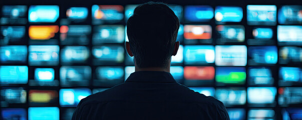 A silhouette of a person gazes at a wall of screens displaying various images, creating a vivid and immersive visual experience.