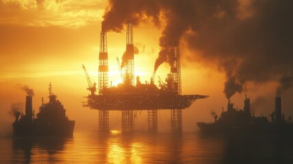 Obraz premium Giant offshore oil rig with golden sunset silhouette, background wallpaper AI generated image