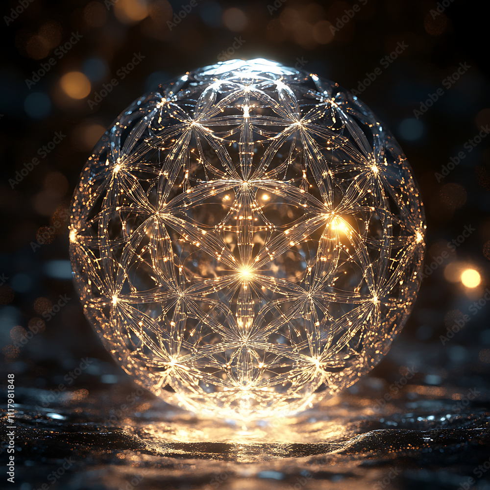 Poster radiant sacred geometry sphere composed of intricate patterns, glowing softly in dark environment, c