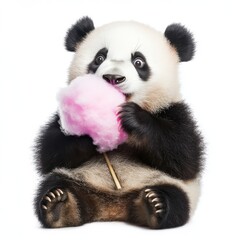 Naklejka premium Cute panda cub eating pink cotton candy.