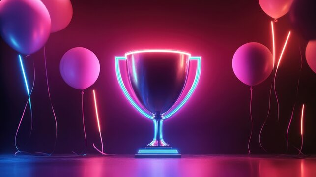 Trophy design with neon light lines and balloons to celebrate victory symbol background wallpaper AI generated image