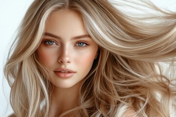 Naklejka premium Beautiful blonde model showing long healthy hair flowing in the wind