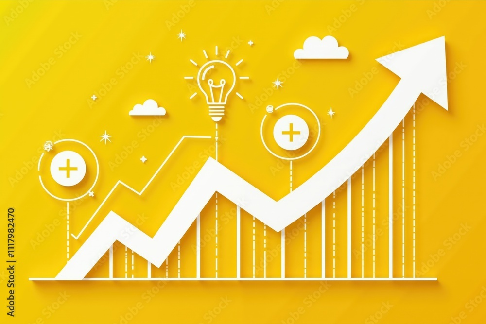 Poster rising graph with lightbulb and cloud elements on yellow background