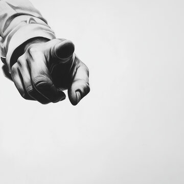 Menschliche Hand mit ausgestrecktem Zeigefinger zeigt direkt auf den Betrachter, freigestellt auf wei&szlig;em Hintergrund. Klare Gestik