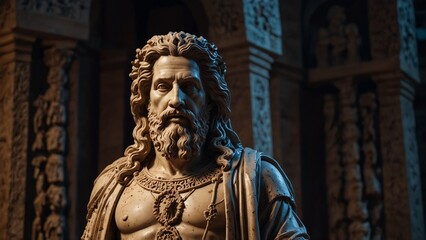 Statue of Serapis, the god of the underworld and rebirth, holding the keys to the underworld and the roots of the tree of life, with a backdrop of souls of the deceased and the light of the underworld